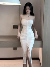2025 Summer Women's Sexy Temperament Pleated Wrapped Chest backless Tight Solid Color Wrap buttocks Split Mid length Dress CAQM